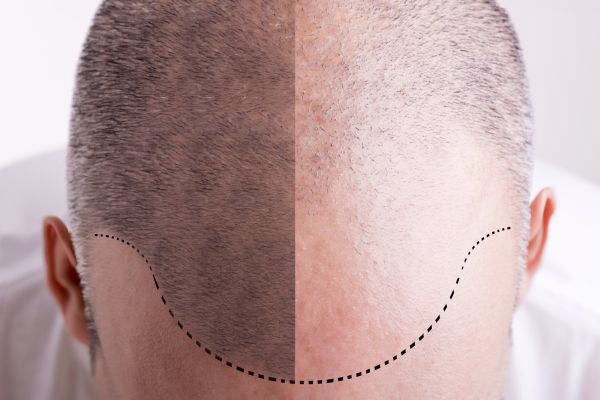 Close-up view of an individual’s head; the left side has close-cropped dark hair, while on the right side the hairline has receded from the person’s forehead and is thinning considerably.